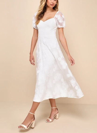 A-Line Princess White Embroidered Puff Sleeve Tea length Midi Dress Party Dresses