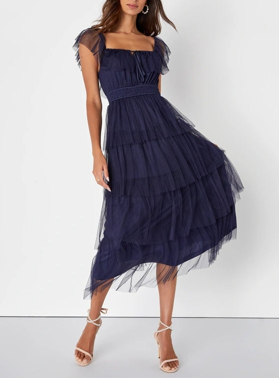 A-Line Princess Navy Blue Tulle Square Neck Tiered Midi Dress Party Dresses