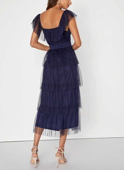 A-Line Princess Navy Blue Tulle Square Neck Tiered Midi Dress Party Dresses