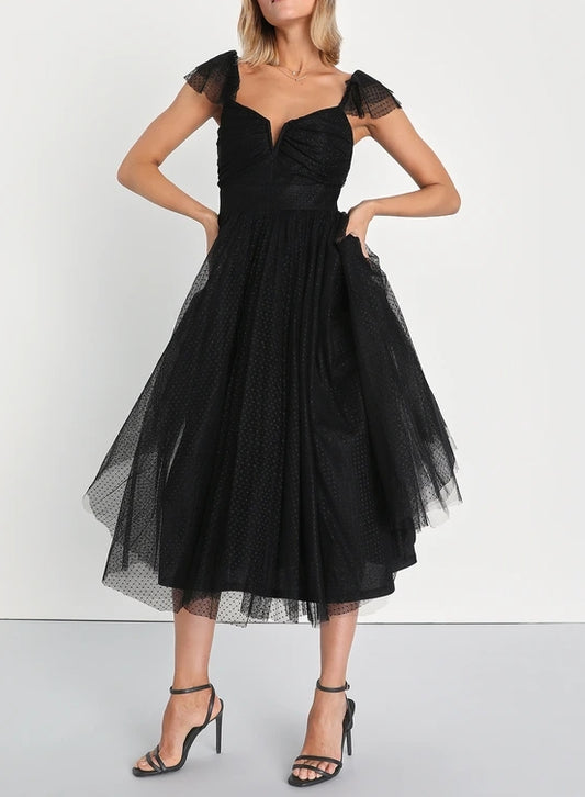 Black Tulle Flutter Sleeve A-Line Tea length Midi Dress Party Dresses