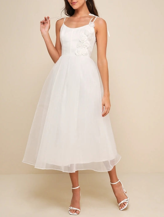 A-Line Princess White Organza Party Dresses Tie-Strap Rosette Midi Dress Prom Dresses