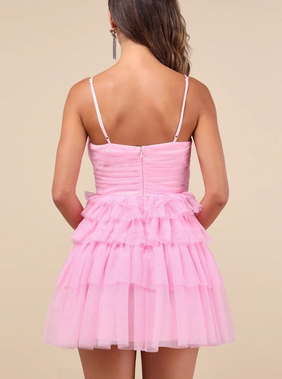 Cute A-Line Pink Tulle Pleated Sleeveless Tiered Mini Dress Homecoming Dress