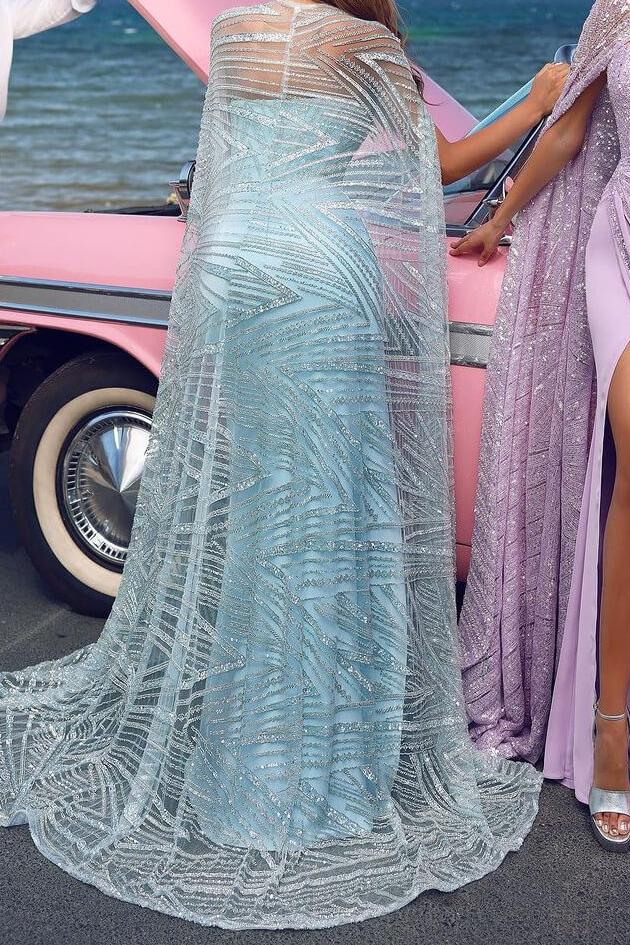 Sky Blue Mermaid Evening Dresses Sweetheart Slit WIth Sequins Cape