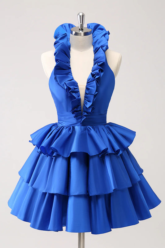 Royal Blue A-Line Halter Tiered Short Backless Homecoming Dress with Ruffles