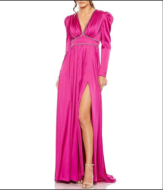 Plunge V-Neck Puff Long Sleeve Thigh High Slit Satin Empire Gown Wedding Guest Party Dresses