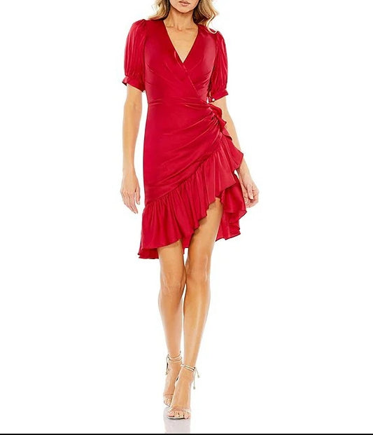 V-Neck Short Puff Sleeve Ruched Waist Asymmetrical Ruffle Hem Dress Wedding Guest Party Dresses