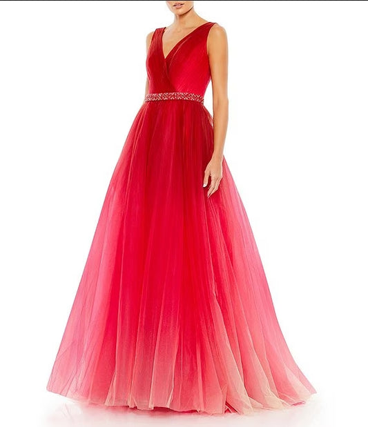 A-Line Princess Tulle Surplice V-Neck Sleeveless Embellished Belt Gown Wedding Guest Party Dresses