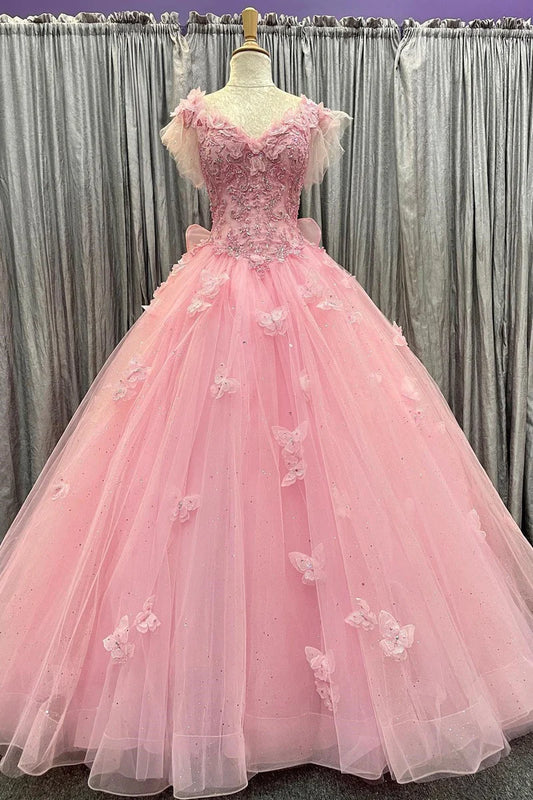 Quinceanera Dress Pink Tulle 3D Floral Lace Bow-Back Ball Gown