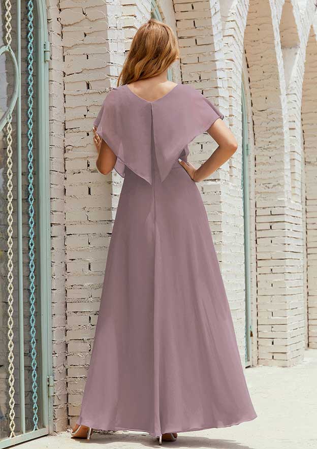 A-line Short Sleeve V Neck Chiffon Mother of the Bride Dress With Pleated