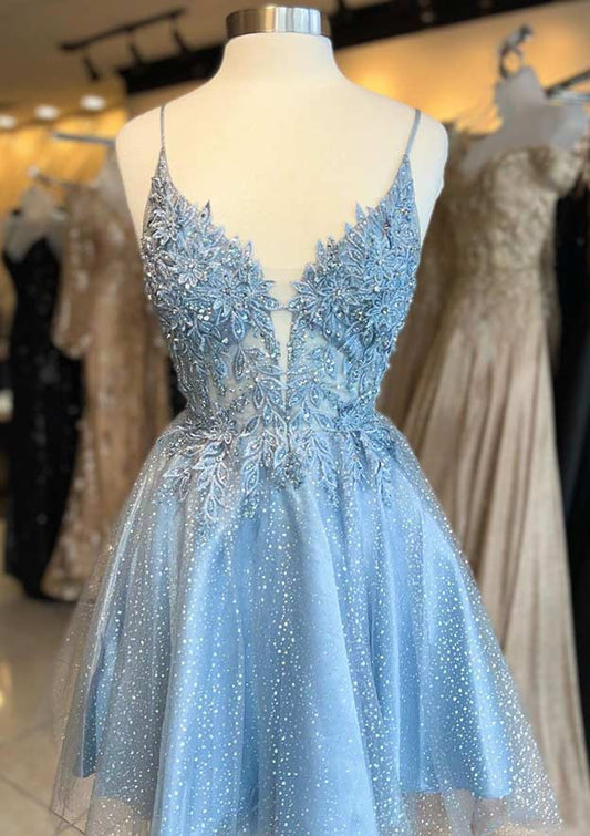 A-line V Neck Sleeveless Tulle Homecoming Dress with Appliqued Beading Glitter