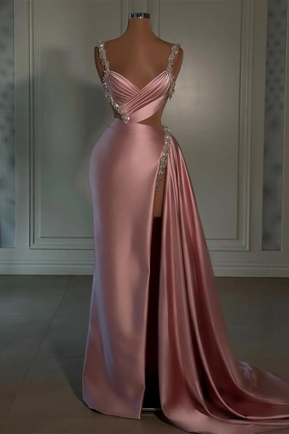 Glitter Dusty Pink V-Neck Sleeveless Evening Dresses High Slit Long With Beads