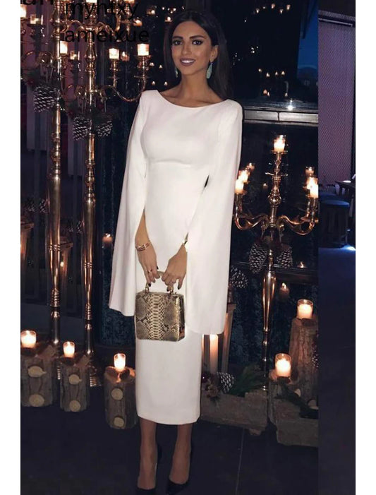 Sheath / Column Cocktail Dresses Long Sleeve Jewel Neck Fall Wedding Guest Jersey Backless with Sleek Pure Color