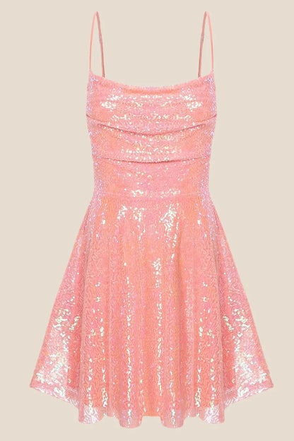 A-Line Princess Straps Coral Sequin Short Homecoming Dress Party Dresses