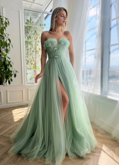 Strapless A-Line Princess Corset Tulle Floor-length Prom Dress With Slit