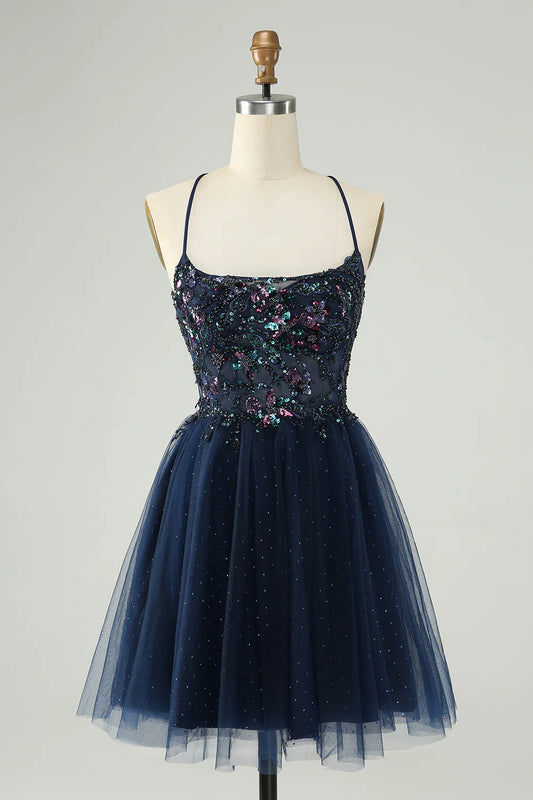 Glitter Navy Backless A-Line Sequins/Sparkling Tulle Homecoming Dress