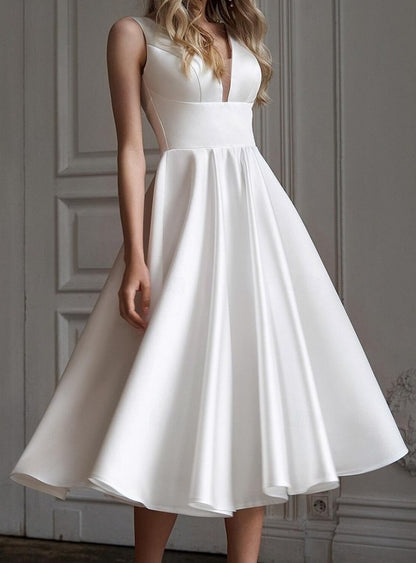 A-Line Little White Dress Cocktail Dresses Wedding Guest Dress Tea Length Sleeveless V Neck Satin V Back