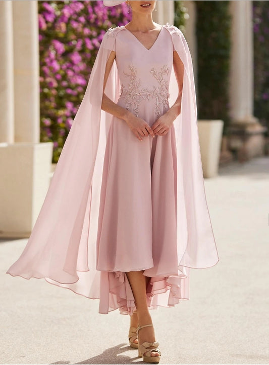 A-Line Pink Cocktail Dresses Wedding Guest Ankle Length Long Sleeve V Neck Capes Chiffon with Appliques