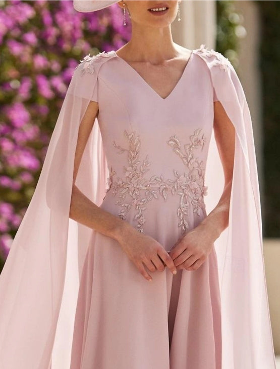 A-Line Pink Cocktail Dresses Wedding Guest Ankle Length Long Sleeve V Neck Capes Chiffon with Appliques