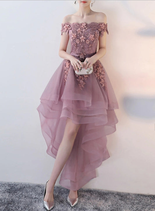 A-Line Floral Cocktail Dresses Asymmetrical Short Sleeve Off Shoulder Tulle with Appliques