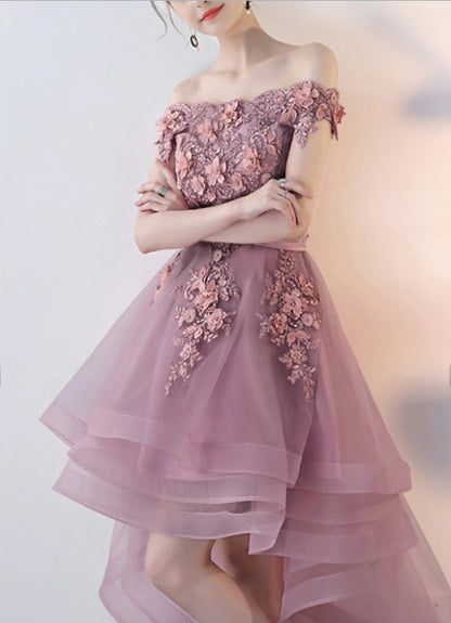 A-Line Floral Cocktail Dresses Asymmetrical Short Sleeve Off Shoulder Tulle with Appliques