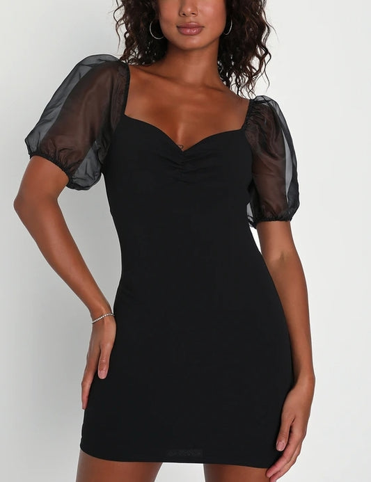 Black Puff Sleeve Bodycon Mini Dress Party Dresses