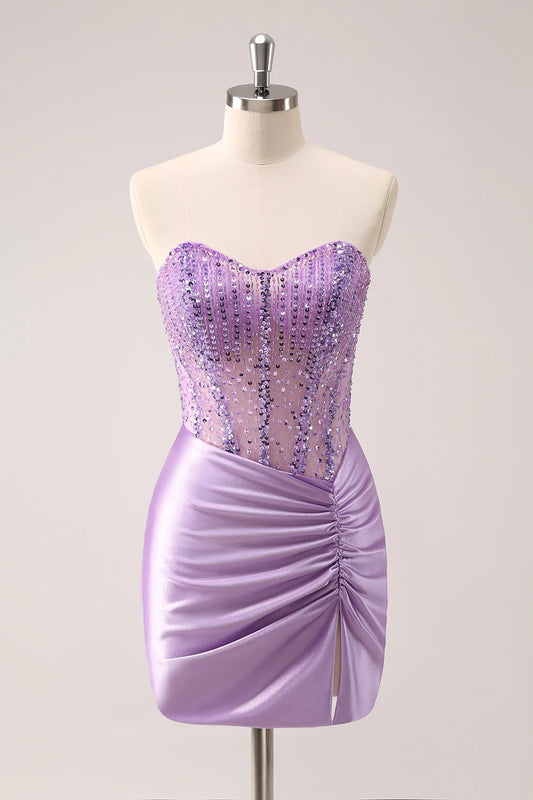 Lilac Strapless Sequins Corset Sweetheart Ruched Tight Homecoming Dress