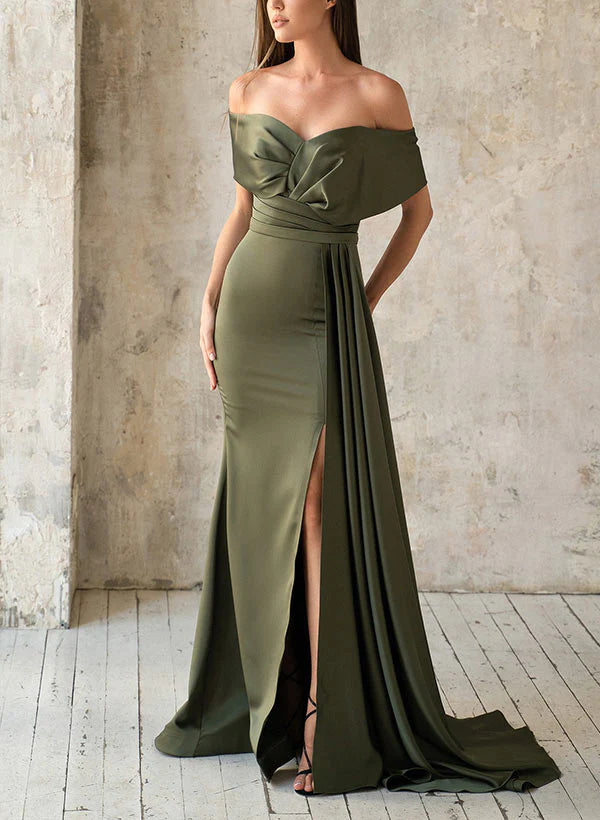 Trumpet/Mermaid Off-the-Shoulder Silk Satin Mother of the Bride Dresses with Split Side