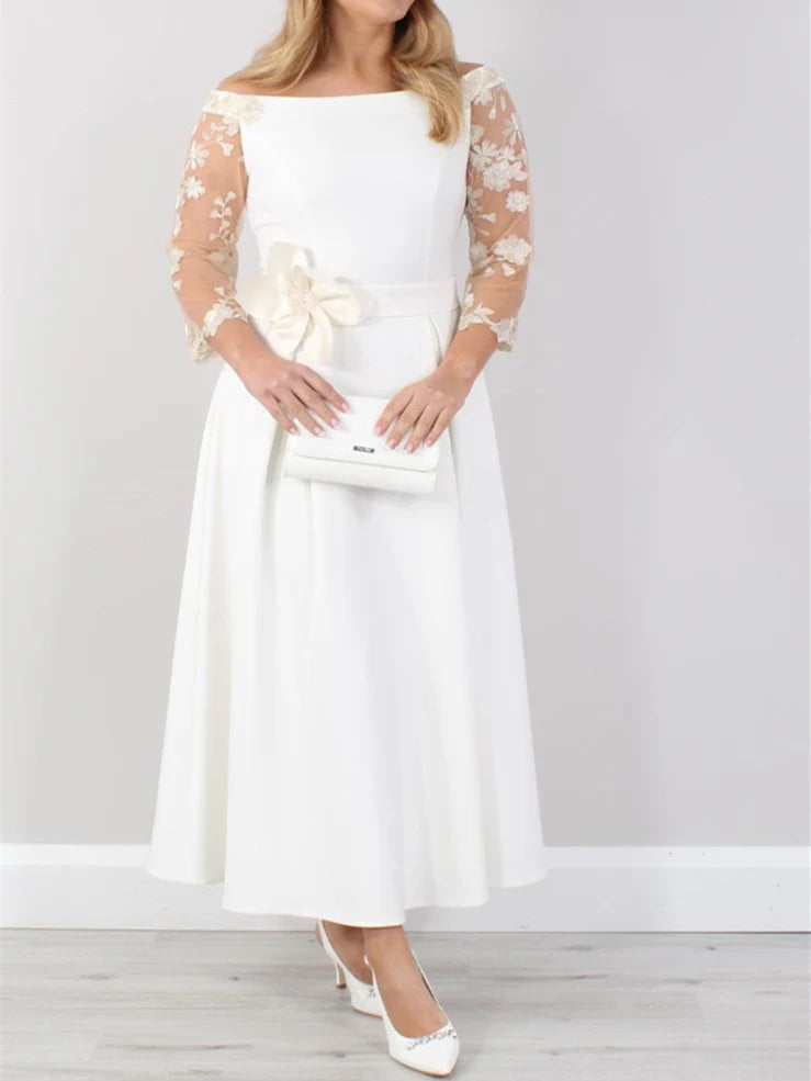 A-Line Ankle-Length Off Shoulder Mother of the Bride Dresses with Lace Sleeves