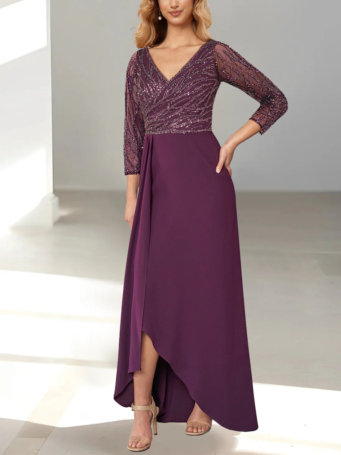 A-Line V-Neck Long Sleeve Asymmetrical Mother of the Bride Dresses with Sequin