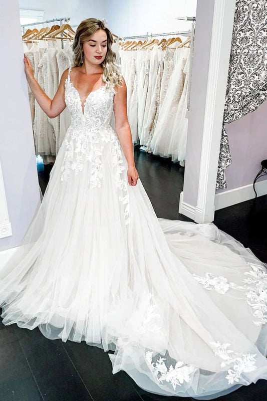 Charming A Line V Neck White Wedding Dress with Appliques