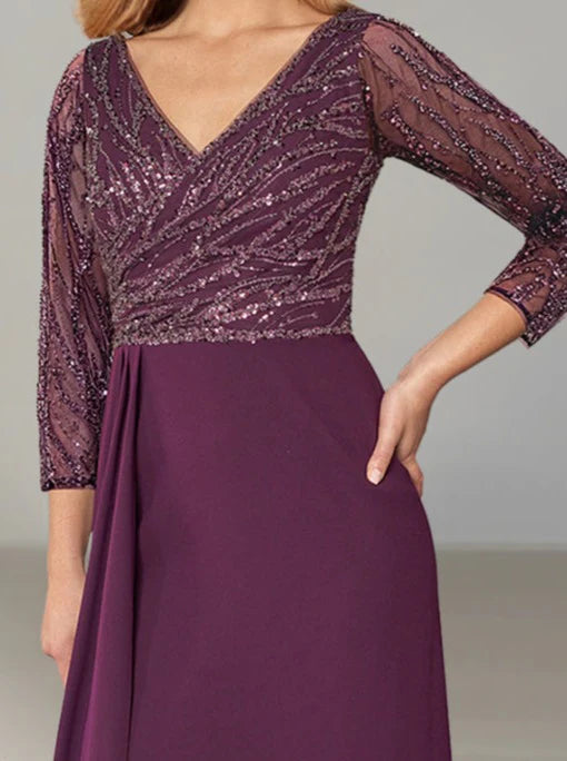 A-Line V-Neck Long Sleeve Asymmetrical Mother of the Bride Dresses with Sequin