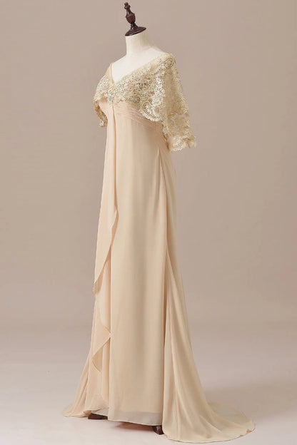 V-Neck Lace Draped Sleeves Ruffle Long Chiffon Mother of the Bride Dress