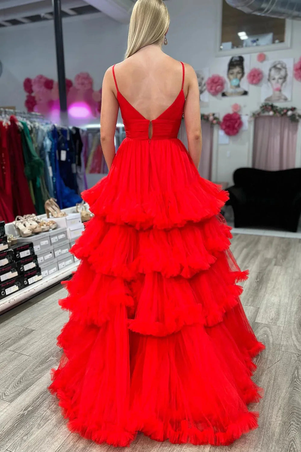 Gorgeous A Line Spaghetti Straos Red Long Prom Dress with Ruffles