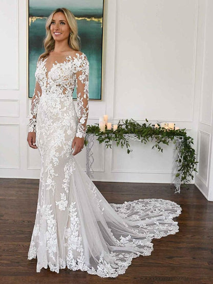 Mermaid Wedding Dress Illusion Neckline Long Sleeves Backless Lace With Train Bridal Dress