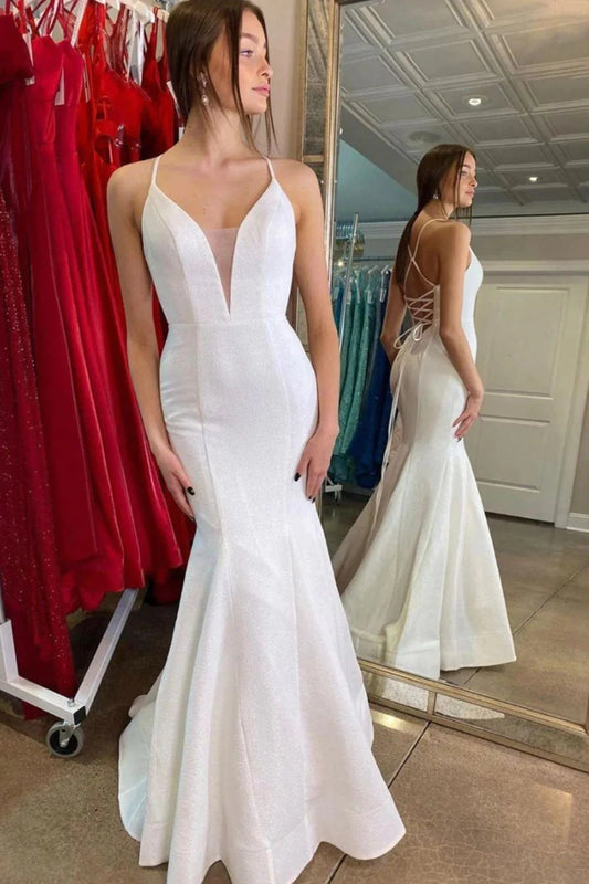 Mermaid Deep V Neck White Bridal Dress with Criss Cross Back