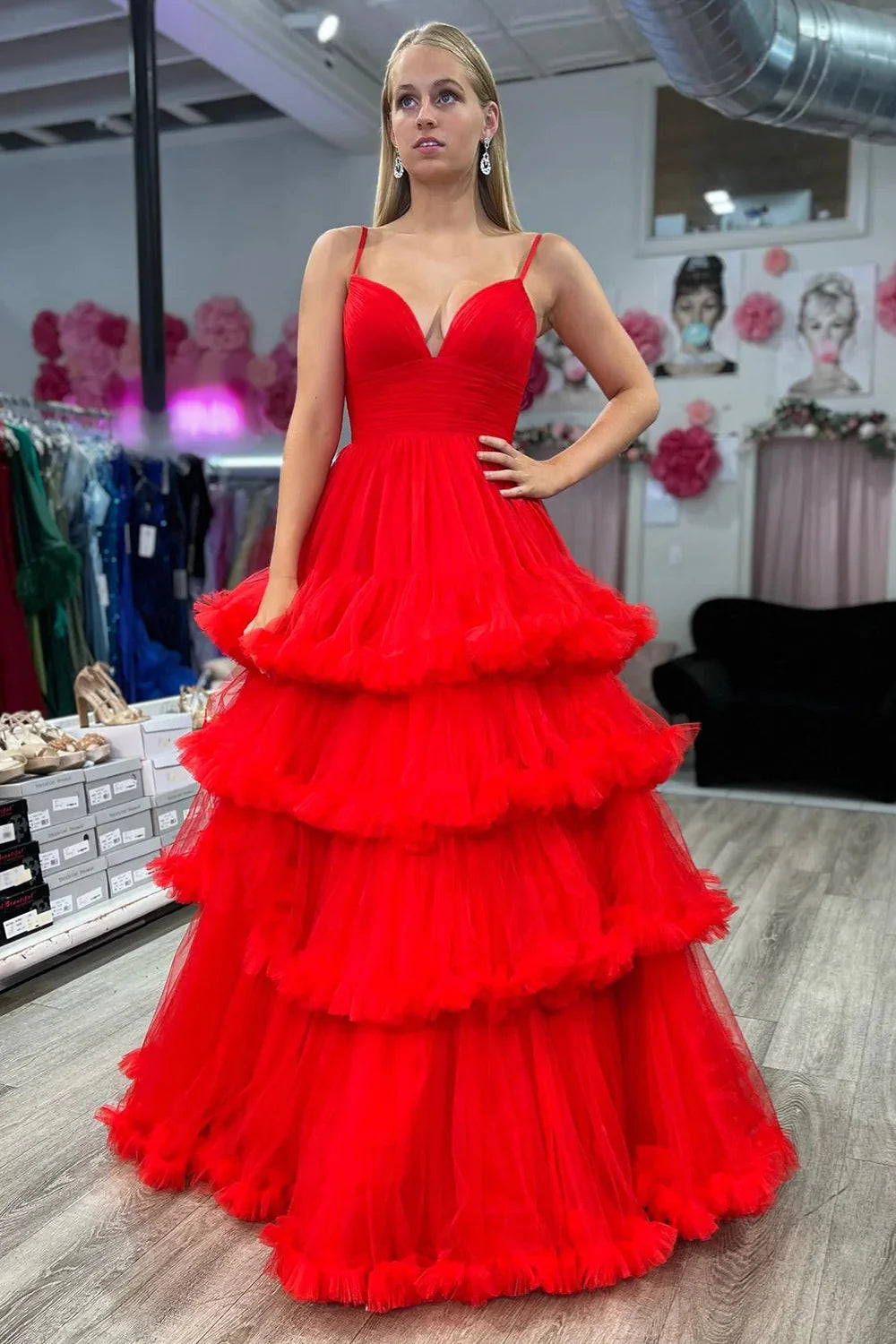 Gorgeous A Line Spaghetti Straos Red Long Prom Dress with Ruffles