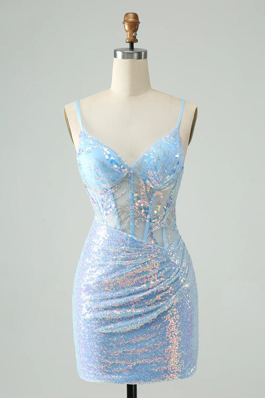 Glitter Tight Spaghetti Straps Short Homecoming Dress with Sequins