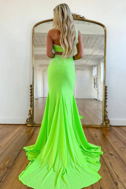 Mermaid One Shoulder Green Satin Beaded Long Prom Dresses