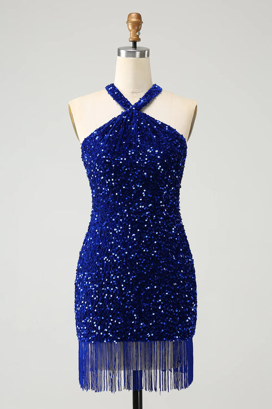 Sparkly Bodycon Halter Tassel Homecoming Dress with Sequins