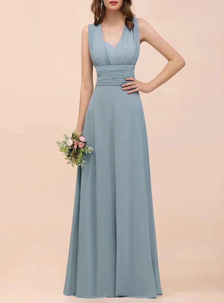 A-Line Ruched Straps Sleeveless Changeable Floor-Length Chiffon Bridesmaid Dresses