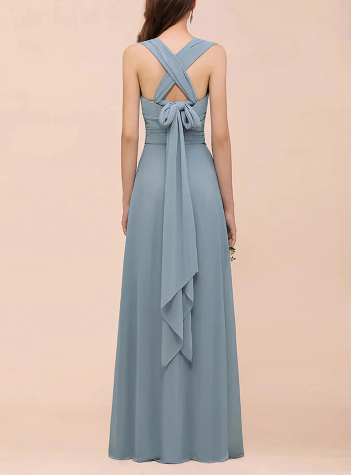 A-Line Ruched Straps Sleeveless Changeable Floor-Length Chiffon Bridesmaid Dresses