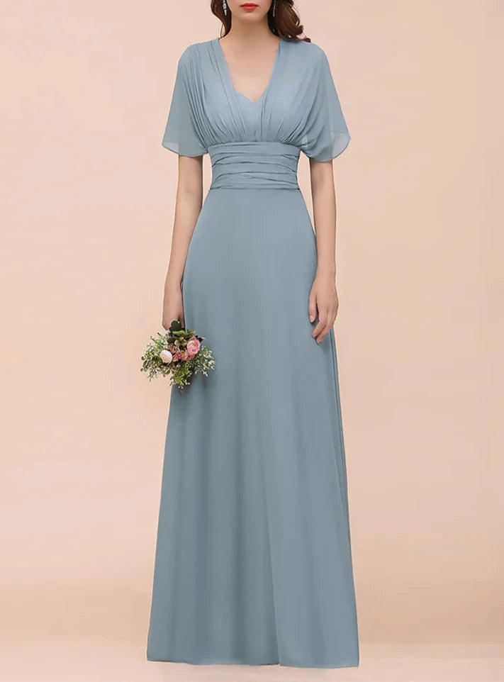 A-Line Ruched Straps Sleeveless Changeable Floor-Length Chiffon Bridesmaid Dresses