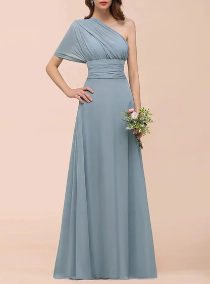 A-Line Ruched Straps Sleeveless Changeable Floor-Length Chiffon Bridesmaid Dresses