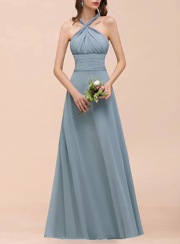 A-Line Ruched Straps Sleeveless Changeable Floor-Length Chiffon Bridesmaid Dresses