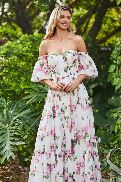 Off Shoulder Flowers Ruffled Chiffon Long Dress Prom Dress