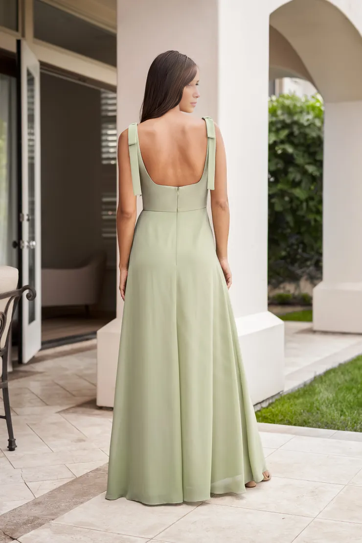 Bow Tie Strap Square Neck Backless Floor Length Bridesmaid Dress