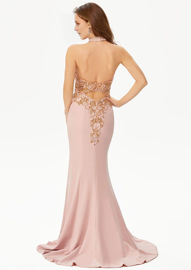 Mermaid Halter Sleeveless Evening Dress Sweep Train Prom Dress With Beading Rhinestone