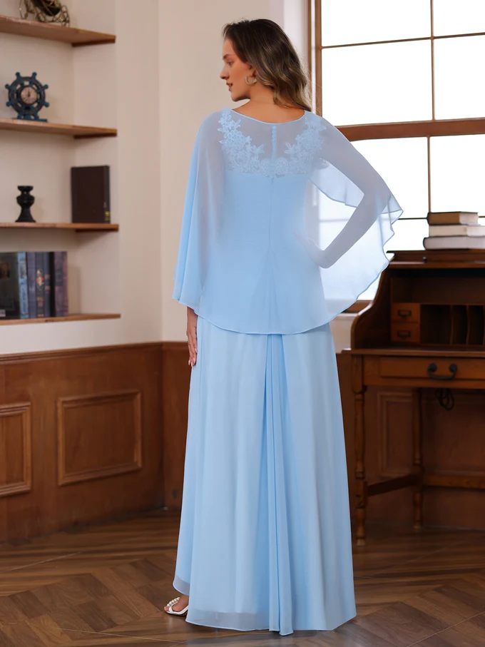 A-line/princess V-neck and ground length strap with appliqu ruffle edge mother of the bride dress