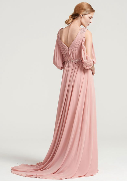 A-line/Princess V Neck 3/4 Sleeve Sweep Train Chiffon Dress With Appliqued