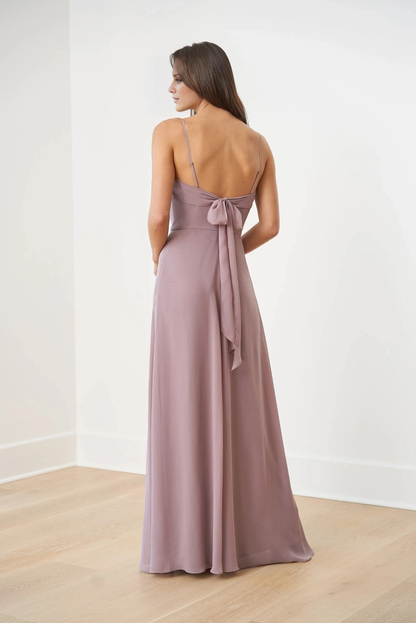 V-neck slim shoulder strap sleeveless back bow and floor length evening gown